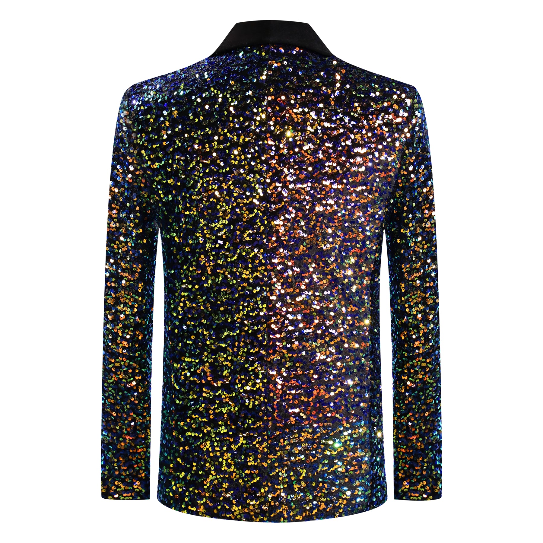 Multicolor # Men's shiny sequin suit jacket with velvet shawl lapel and one-button closure, tailored-fit tuxedo blazer with colorful sparkling sequins for dinner party, prom, cocktail, wedding, and stage performance, isolated on white background.