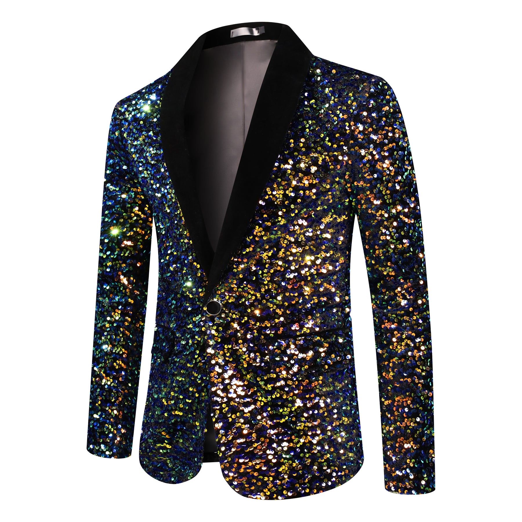 Multicolor # Men's shiny sequin suit jacket with velvet shawl lapel and one-button closure, tailored-fit tuxedo blazer with colorful sparkling sequins for dinner party, prom, cocktail, wedding, and stage performance, isolated on white background.