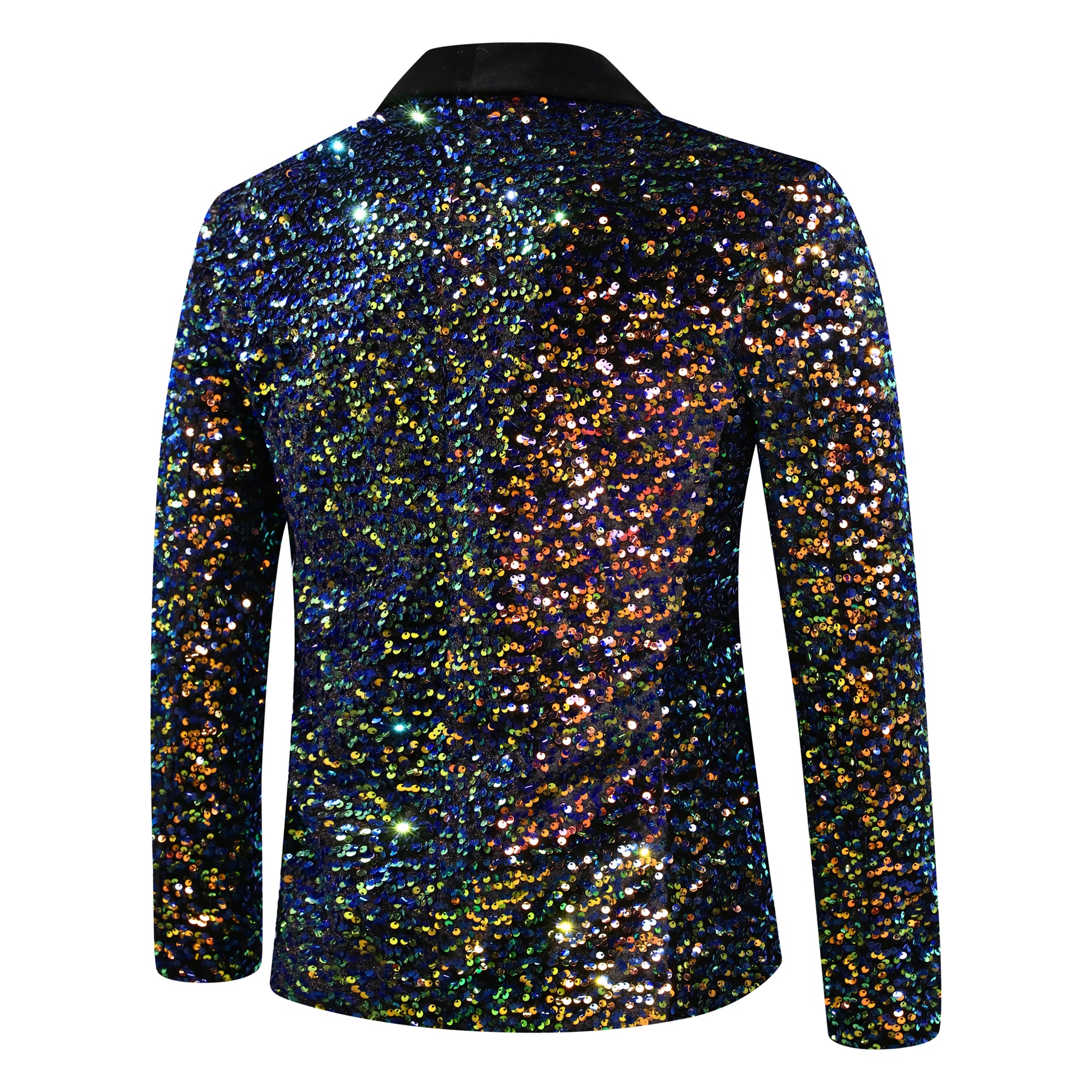 Multicolor # Men's shiny sequin suit jacket with velvet shawl lapel and one-button closure, tailored-fit tuxedo blazer with colorful sparkling sequins for dinner party, prom, cocktail, wedding, and stage performance, isolated on white background.