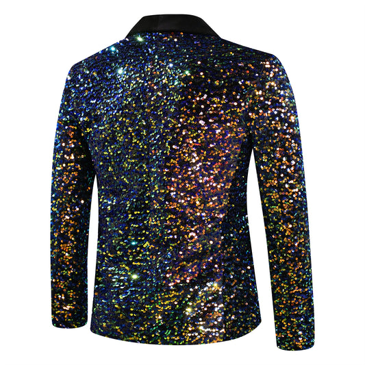 Multicolor # Men's shiny sequin suit jacket with velvet shawl lapel and one-button closure, tailored-fit tuxedo blazer with colorful sparkling sequins for dinner party, prom, cocktail, wedding, and stage performance, isolated on white background.
