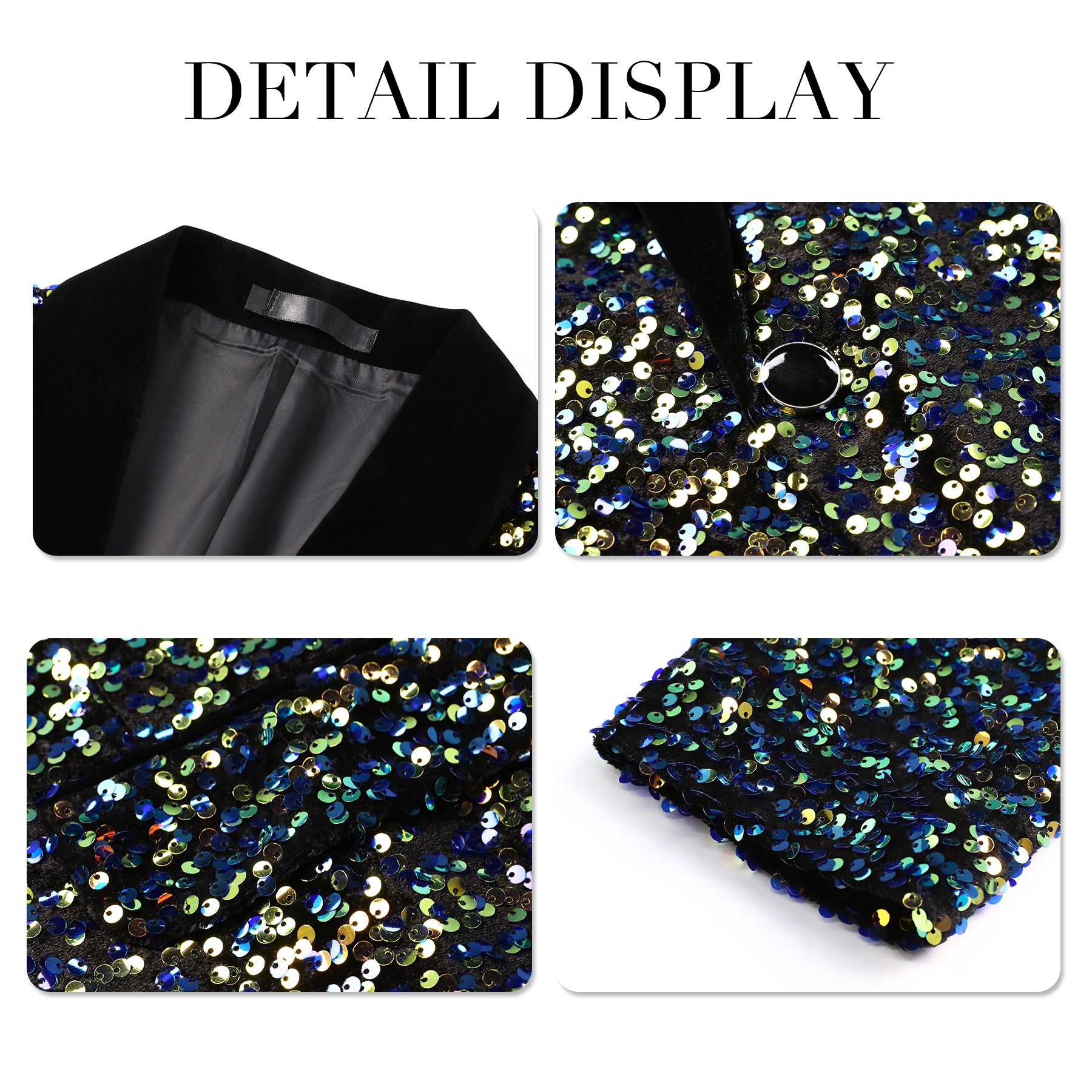 Multicolor # Men's shiny sequin suit jacket with velvet shawl lapel and one-button closure, tailored-fit tuxedo blazer with colorful sparkling sequins for dinner party, prom, cocktail, wedding, and stage performance, isolated on white background.