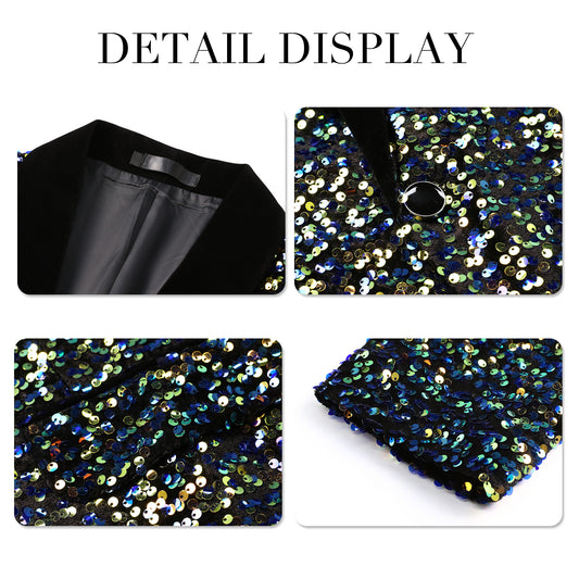 Multicolor # Men's shiny sequin suit jacket with velvet shawl lapel and one-button closure, tailored-fit tuxedo blazer with colorful sparkling sequins for dinner party, prom, cocktail, wedding, and stage performance, isolated on white background.