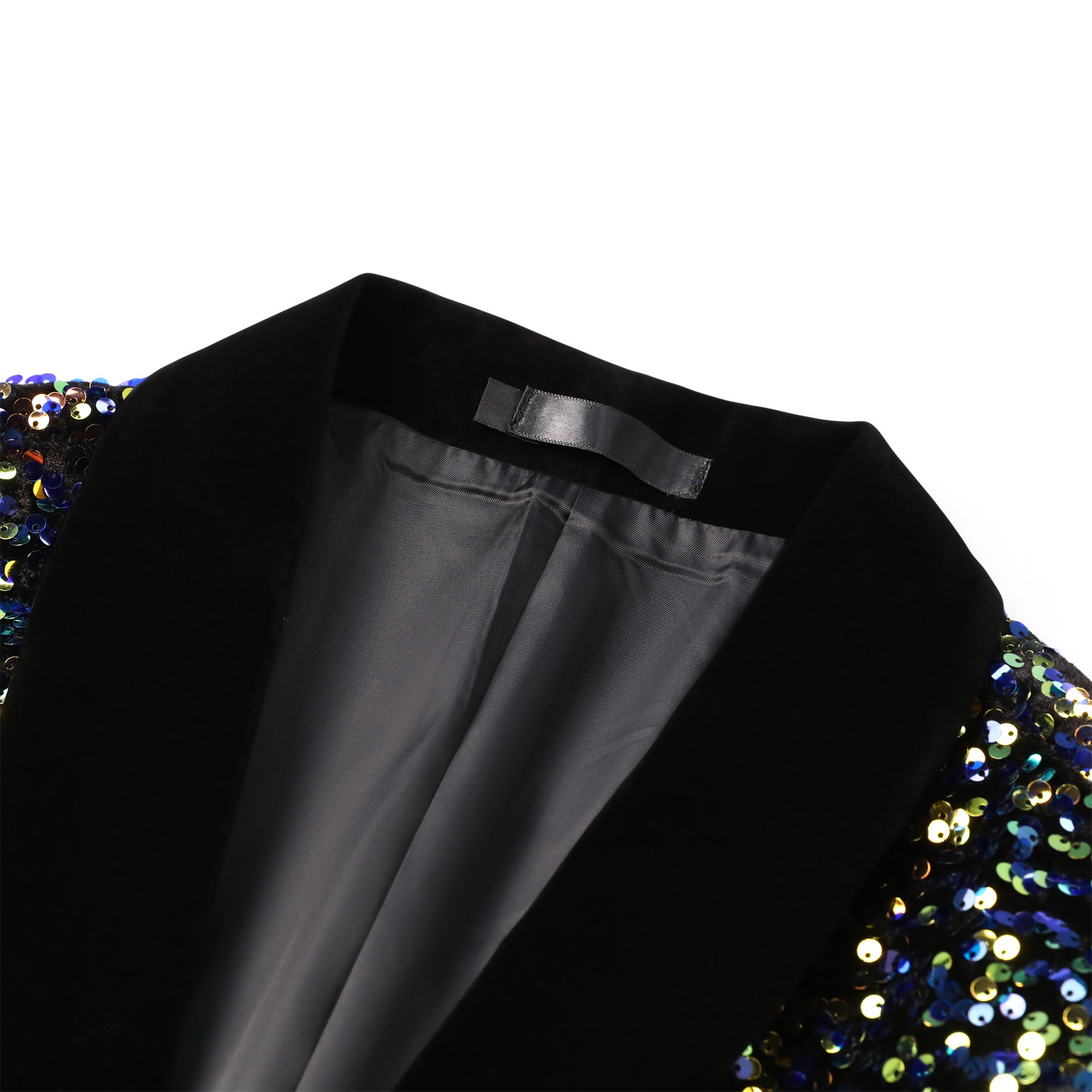Multicolor # Men's shiny sequin suit jacket with velvet shawl lapel and one-button closure, tailored-fit tuxedo blazer with colorful sparkling sequins for dinner party, prom, cocktail, wedding, and stage performance, isolated on white background.