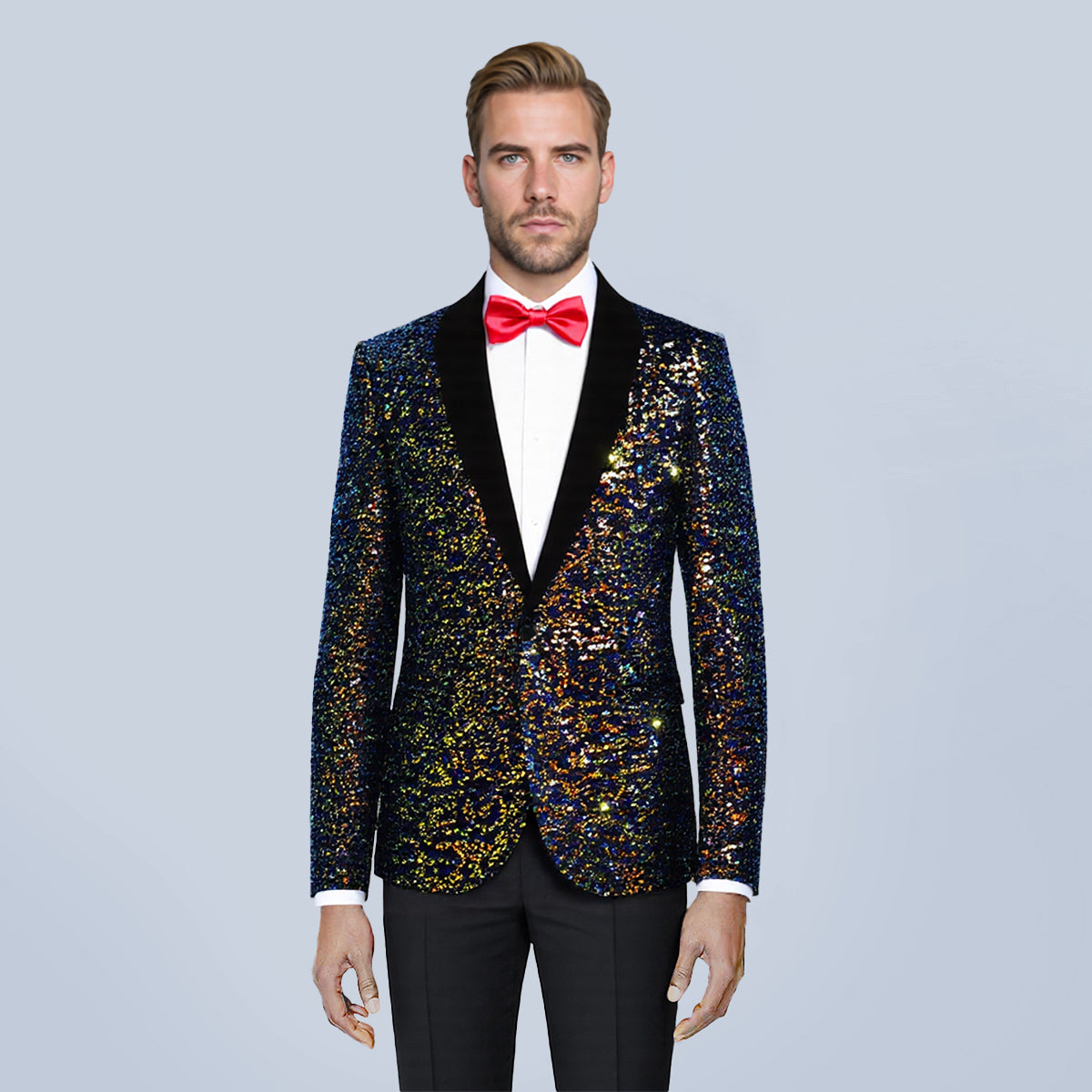 Multicolor # Men's shiny sequin suit jacket with velvet shawl lapel and one-button closure, tailored-fit tuxedo blazer with colorful sparkling sequins for dinner party, prom, cocktail, wedding, and stage performance, isolated on white background.
