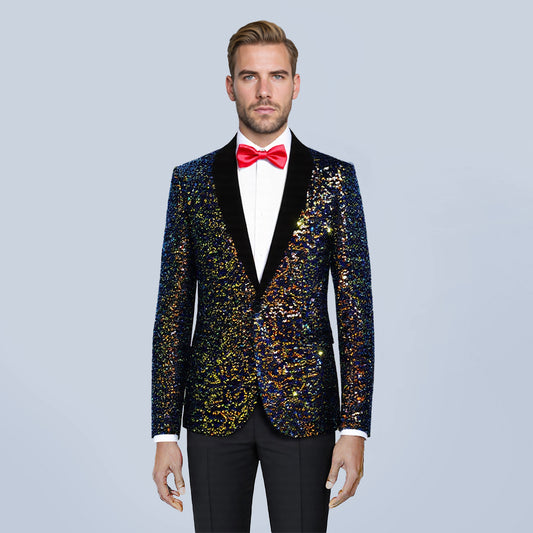 Multicolor # Men's shiny sequin suit jacket with velvet shawl lapel and one-button closure, tailored-fit tuxedo blazer with colorful sparkling sequins for dinner party, prom, cocktail, wedding, and stage performance, isolated on white background.