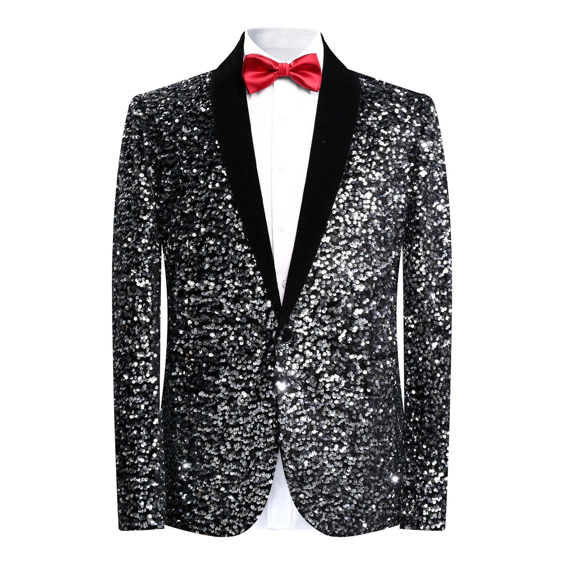 Silver # Men's shiny sequin suit jacket with velvet shawl lapel and one-button closure, tailored-fit tuxedo blazer with sparkling silver sequins for dinner party, prom, cocktail, wedding, and stage performance, isolated on white background.