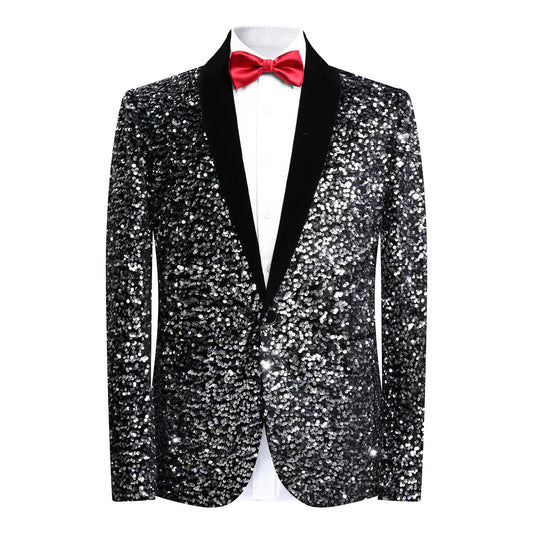 Silver # Men's shiny sequin suit jacket with velvet shawl lapel and one-button closure, tailored-fit tuxedo blazer with sparkling silver sequins for dinner party, prom, cocktail, wedding, and stage performance, isolated on white background.