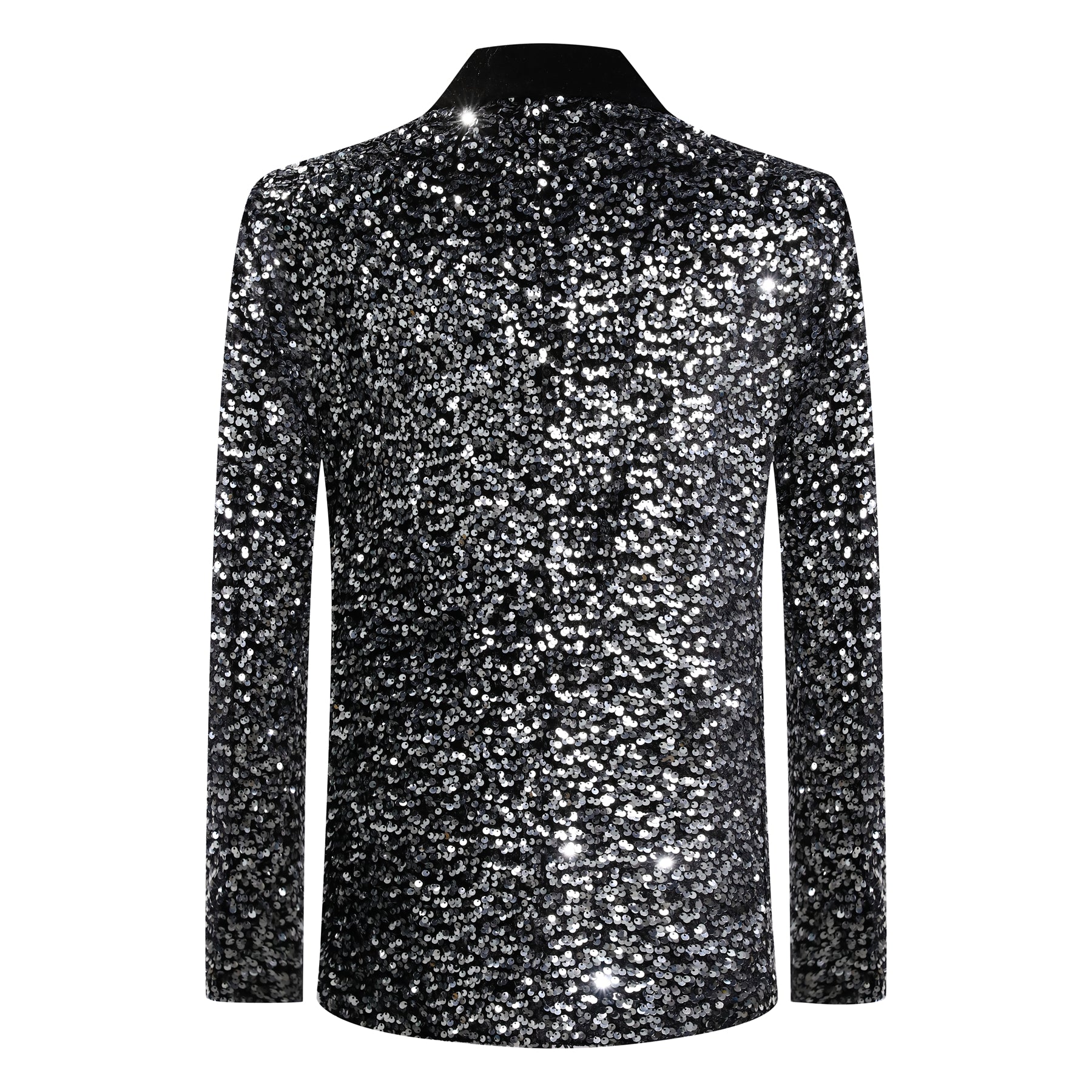 Silver # Men's shiny sequin suit jacket with velvet shawl lapel and one-button closure, tailored-fit tuxedo blazer with sparkling silver sequins for dinner party, prom, cocktail, wedding, and stage performance, isolated on white background.