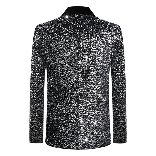 Silver # Men's shiny sequin suit jacket with velvet shawl lapel and one-button closure, tailored-fit tuxedo blazer with sparkling silver sequins for dinner party, prom, cocktail, wedding, and stage performance, isolated on white background.