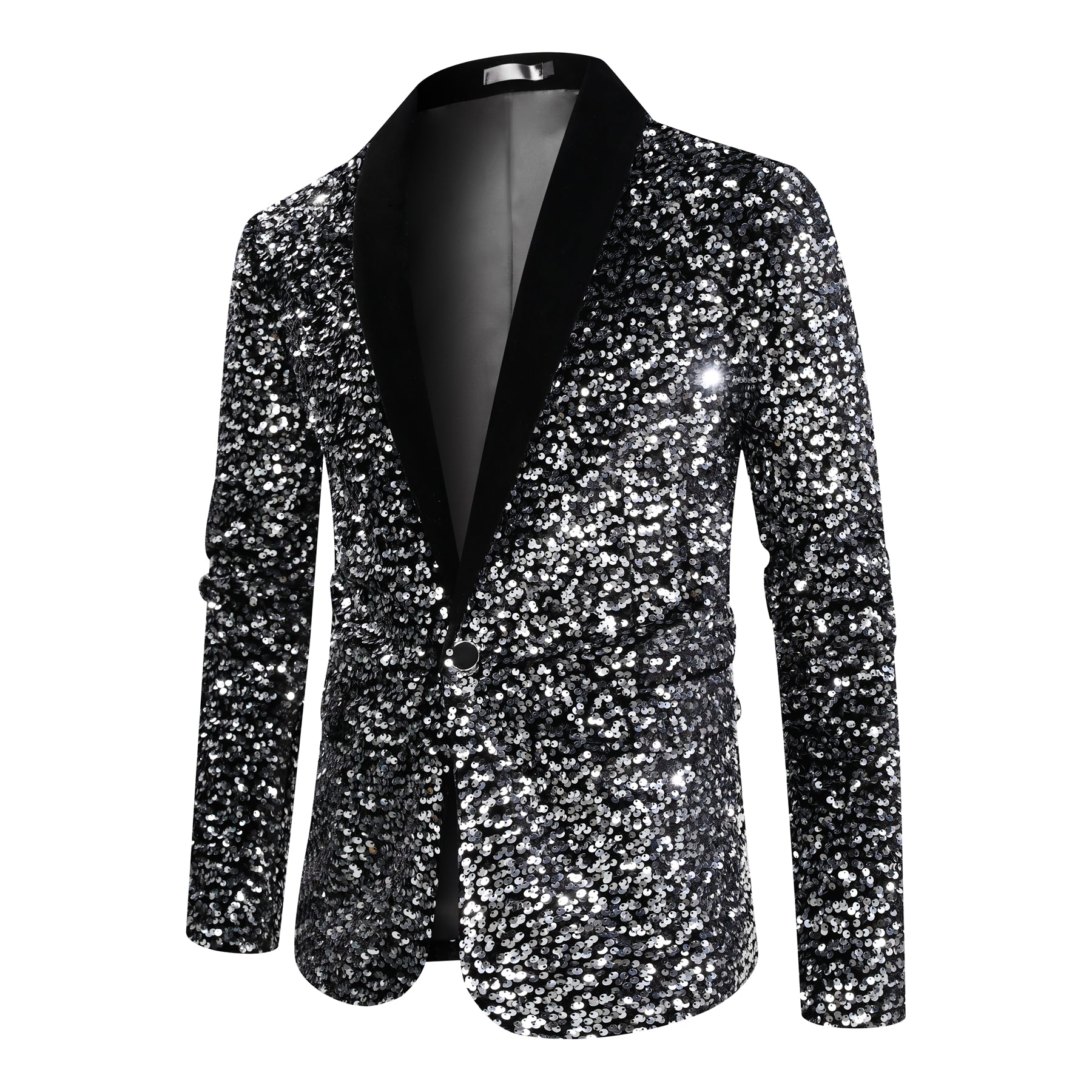 Silver # Men's shiny sequin suit jacket with velvet shawl lapel and one-button closure, tailored-fit tuxedo blazer with sparkling silver sequins for dinner party, prom, cocktail, wedding, and stage performance, isolated on white background.
