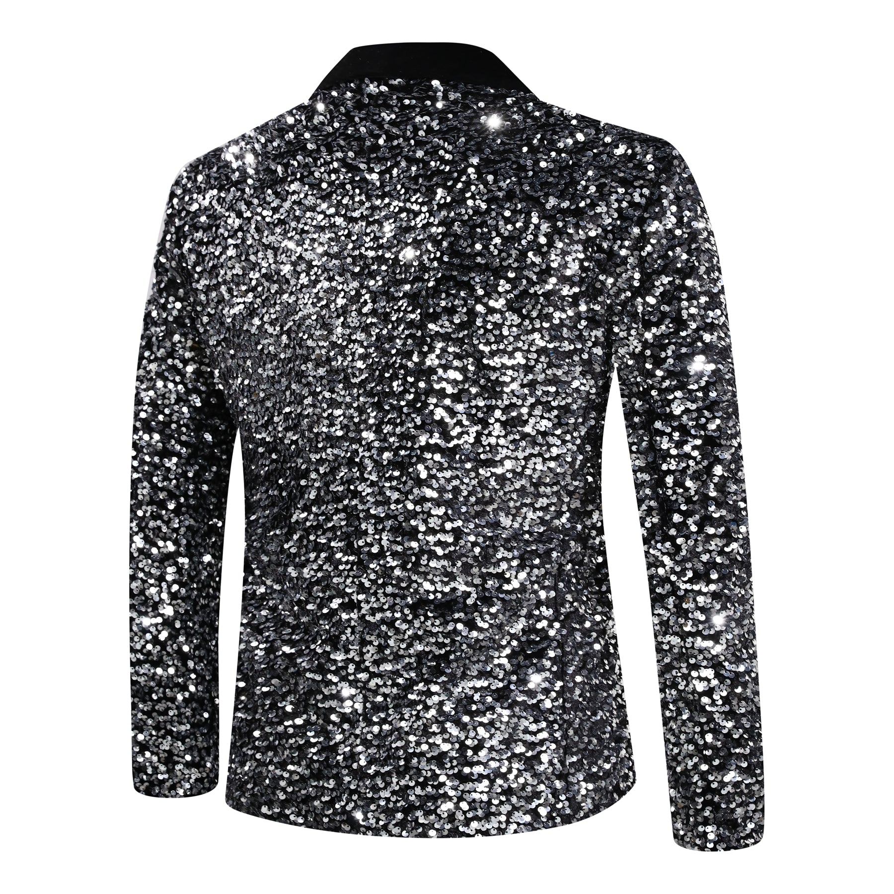Silver # Men's shiny sequin suit jacket with velvet shawl lapel and one-button closure, tailored-fit tuxedo blazer with sparkling silver sequins for dinner party, prom, cocktail, wedding, and stage performance, isolated on white background.