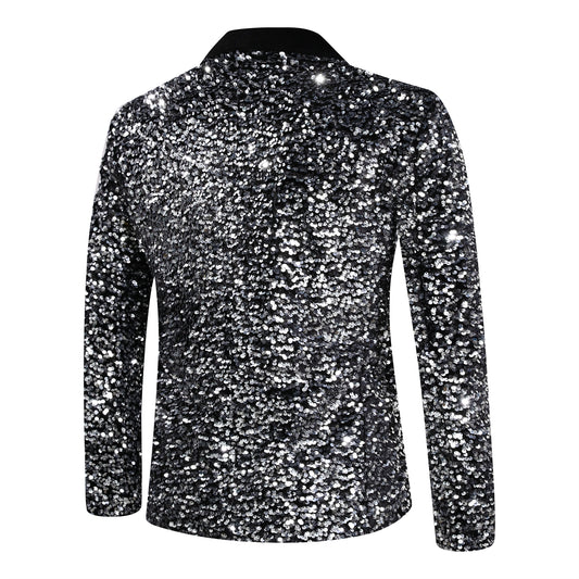 Silver # Men's shiny sequin suit jacket with velvet shawl lapel and one-button closure, tailored-fit tuxedo blazer with sparkling silver sequins for dinner party, prom, cocktail, wedding, and stage performance, isolated on white background.
