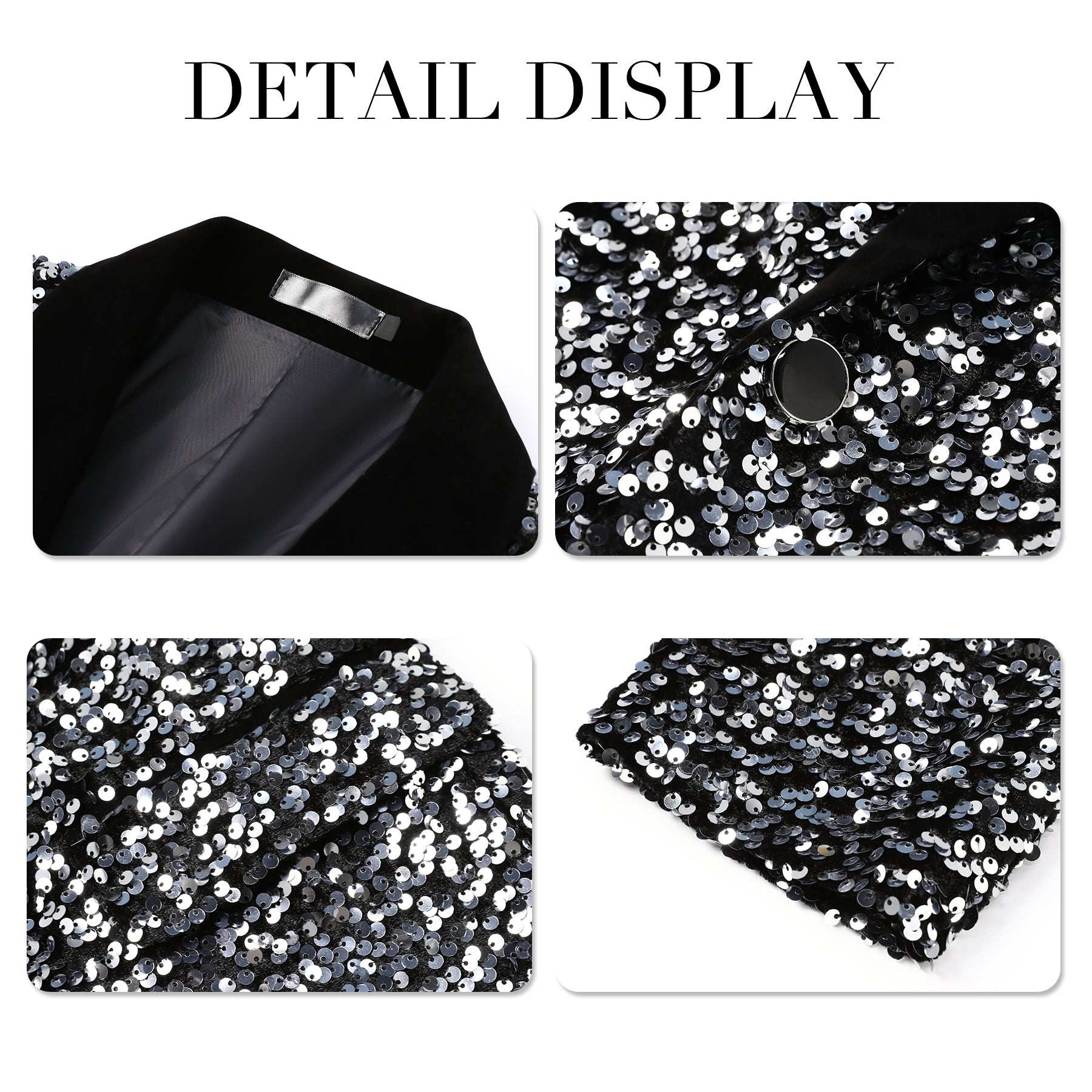Silver # Men's shiny sequin suit jacket with velvet shawl lapel and one-button closure, tailored-fit tuxedo blazer with sparkling silver sequins for dinner party, prom, cocktail, wedding, and stage performance, isolated on white background.