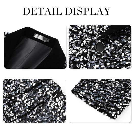 Silver # Men's shiny sequin suit jacket with velvet shawl lapel and one-button closure, tailored-fit tuxedo blazer with sparkling silver sequins for dinner party, prom, cocktail, wedding, and stage performance, isolated on white background.