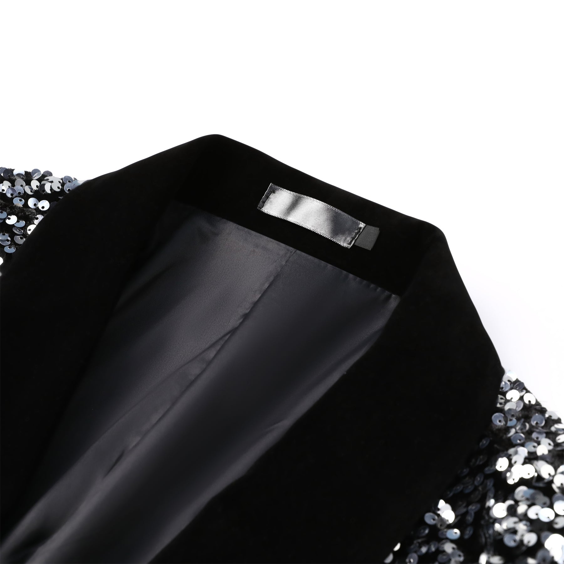 Silver # Men's shiny sequin suit jacket with velvet shawl lapel and one-button closure, tailored-fit tuxedo blazer with sparkling silver sequins for dinner party, prom, cocktail, wedding, and stage performance, isolated on white background.