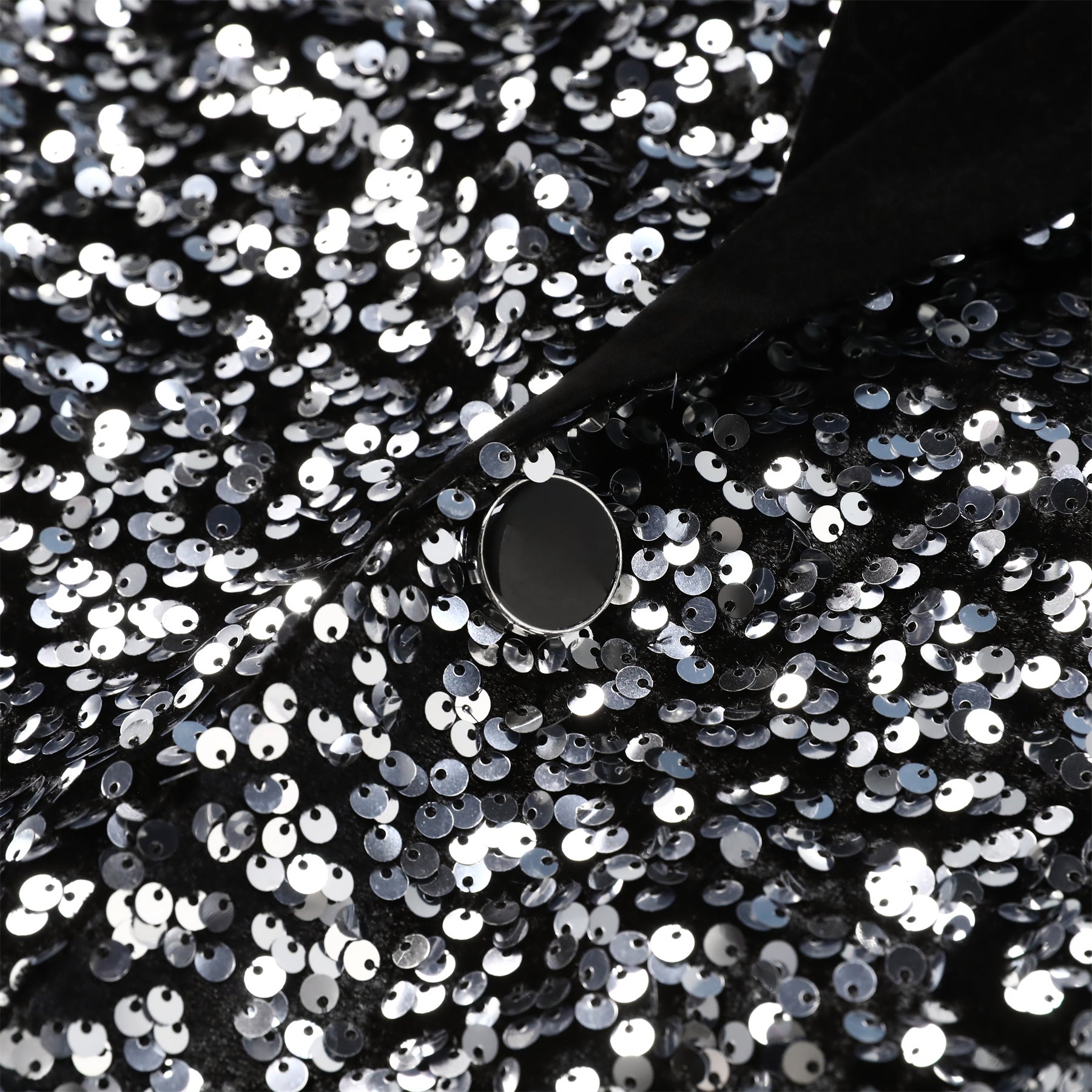 Silver # Men's shiny sequin suit jacket with velvet shawl lapel and one-button closure, tailored-fit tuxedo blazer with sparkling silver sequins for dinner party, prom, cocktail, wedding, and stage performance, isolated on white background.