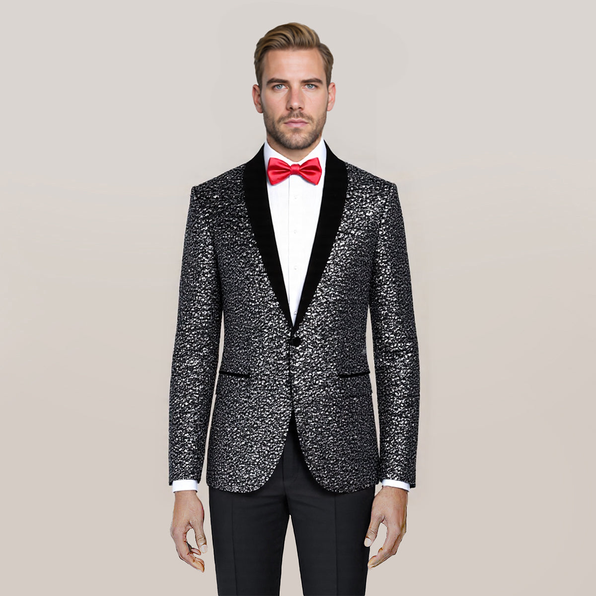 Silver # Men's shiny sequin suit jacket with velvet shawl lapel and one-button closure, tailored-fit tuxedo blazer with sparkling silver sequins for dinner party, prom, cocktail, wedding, and stage performance, isolated on white background.