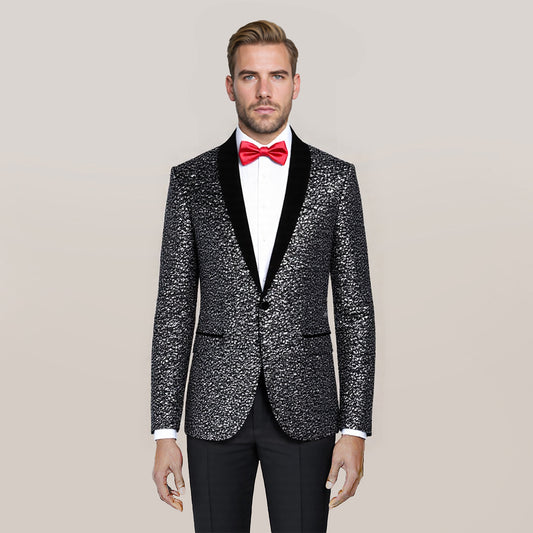 Silver # Men's shiny sequin suit jacket with velvet shawl lapel and one-button closure, tailored-fit tuxedo blazer with sparkling silver sequins for dinner party, prom, cocktail, wedding, and stage performance, isolated on white background.