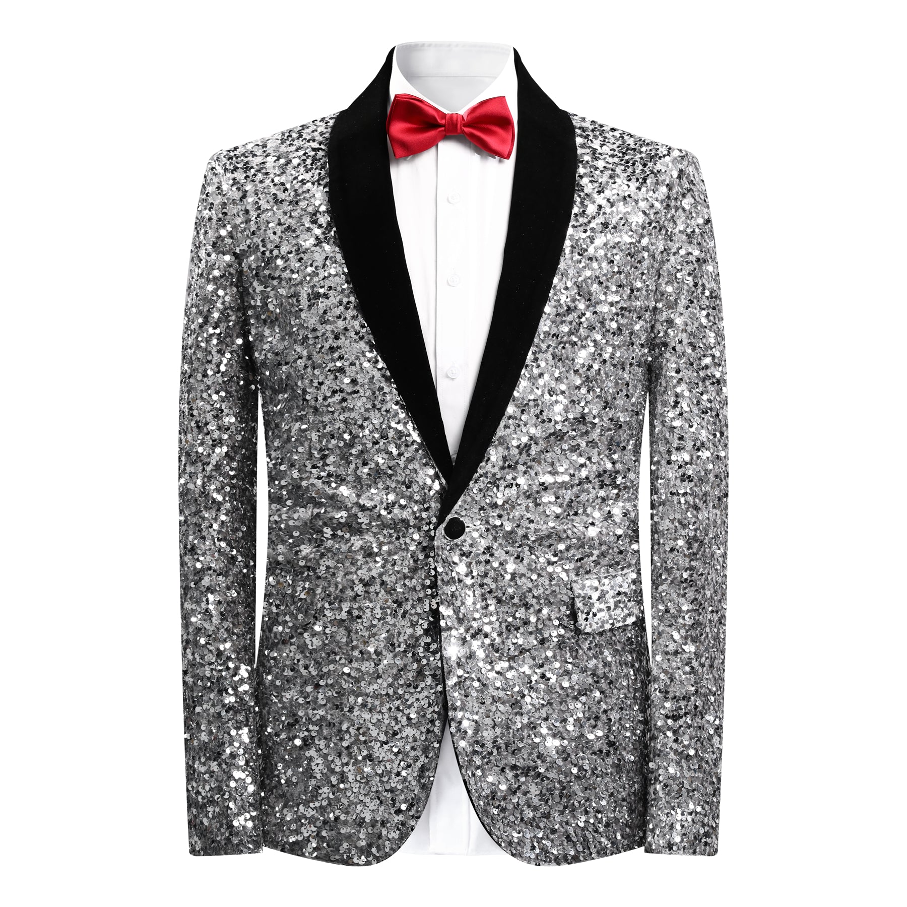 White # Men's shiny sequin suit jacket with velvet shawl lapel and one-button closure, tailored-fit tuxedo blazer with sparkling white sequins for dinner party, prom, cocktail, wedding, and stage performance, isolated on white background.