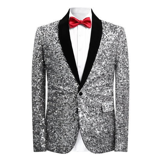 White # Men's shiny sequin suit jacket with velvet shawl lapel and one-button closure, tailored-fit tuxedo blazer with sparkling white sequins for dinner party, prom, cocktail, wedding, and stage performance, isolated on white background.