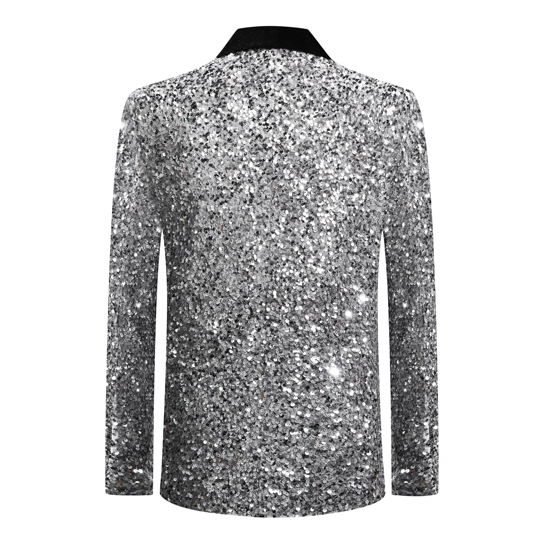White # Men's shiny sequin suit jacket with velvet shawl lapel and one-button closure, tailored-fit tuxedo blazer with sparkling white sequins for dinner party, prom, cocktail, wedding, and stage performance, isolated on white background.