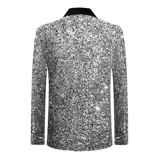 White # Men's shiny sequin suit jacket with velvet shawl lapel and one-button closure, tailored-fit tuxedo blazer with sparkling white sequins for dinner party, prom, cocktail, wedding, and stage performance, isolated on white background.
