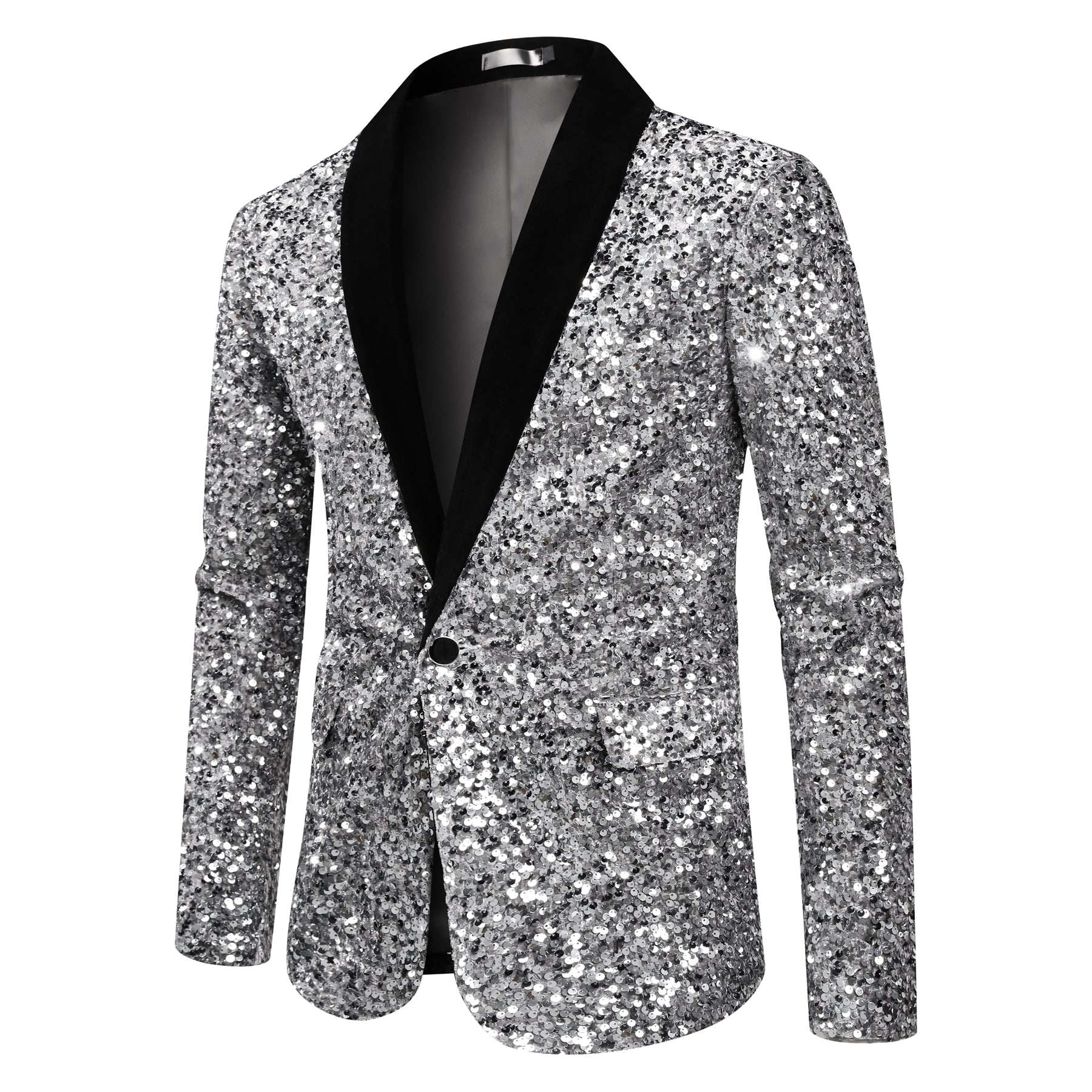 White # Men's shiny sequin suit jacket with velvet shawl lapel and one-button closure, tailored-fit tuxedo blazer with sparkling white sequins for dinner party, prom, cocktail, wedding, and stage performance, isolated on white background.