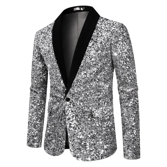 White # Men's shiny sequin suit jacket with velvet shawl lapel and one-button closure, tailored-fit tuxedo blazer with sparkling white sequins for dinner party, prom, cocktail, wedding, and stage performance, isolated on white background.