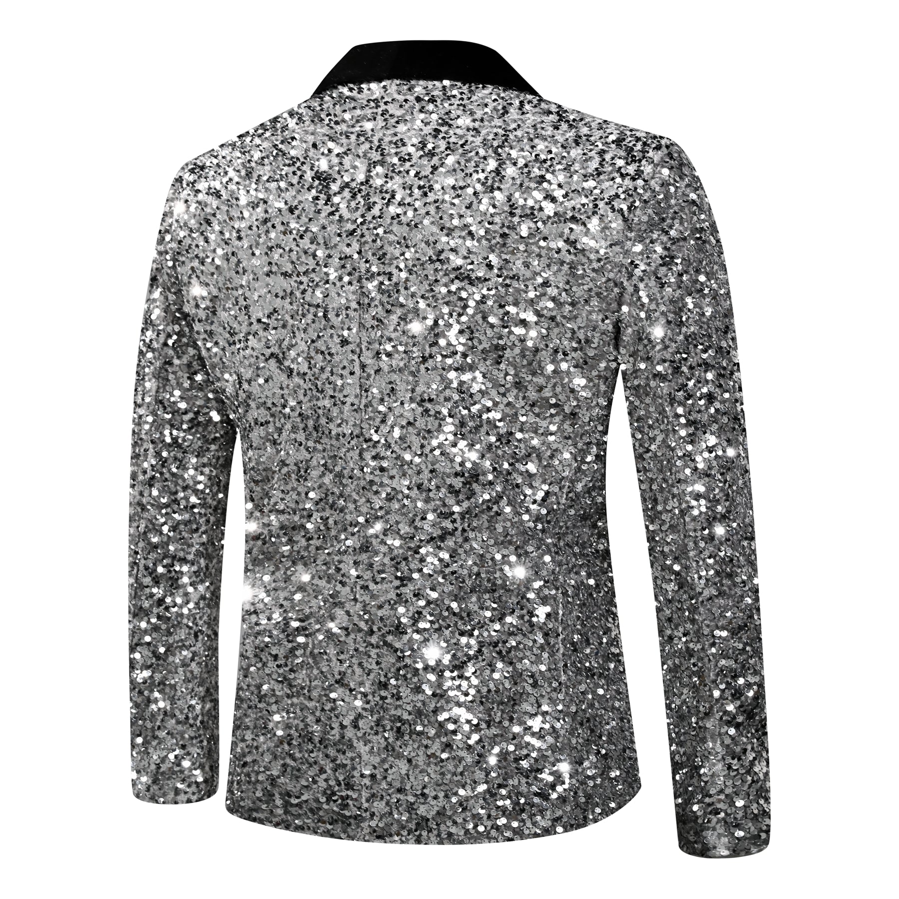 White # Men's shiny sequin suit jacket with velvet shawl lapel and one-button closure, tailored-fit tuxedo blazer with sparkling white sequins for dinner party, prom, cocktail, wedding, and stage performance, isolated on white background.