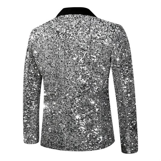 White # Men's shiny sequin suit jacket with velvet shawl lapel and one-button closure, tailored-fit tuxedo blazer with sparkling white sequins for dinner party, prom, cocktail, wedding, and stage performance, isolated on white background.