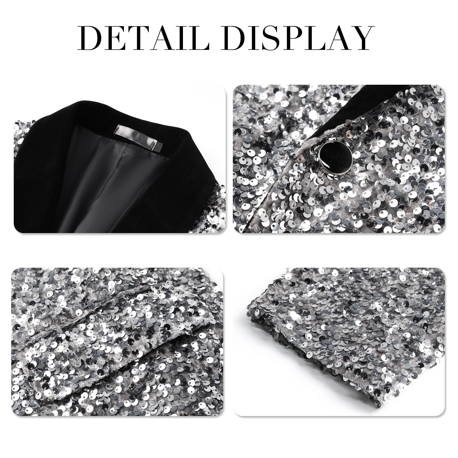 White # Men's shiny sequin suit jacket with velvet shawl lapel and one-button closure, tailored-fit tuxedo blazer with sparkling white sequins for dinner party, prom, cocktail, wedding, and stage performance, isolated on white background.