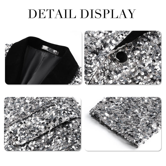 White # Men's shiny sequin suit jacket with velvet shawl lapel and one-button closure, tailored-fit tuxedo blazer with sparkling white sequins for dinner party, prom, cocktail, wedding, and stage performance, isolated on white background.