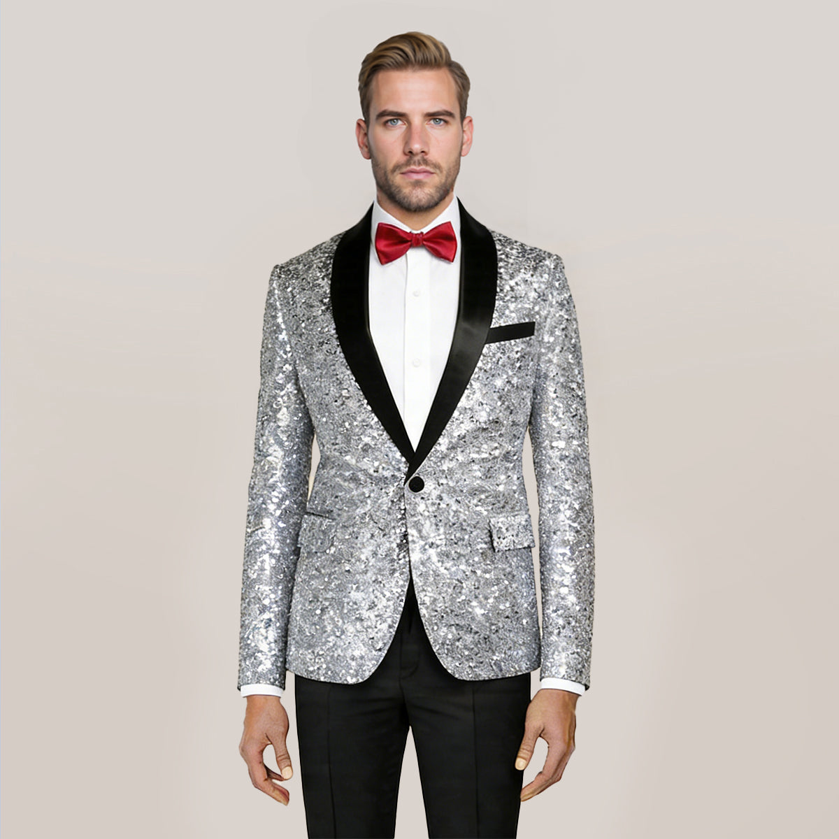 White # Men's shiny sequin suit jacket with velvet shawl lapel and one-button closure, tailored-fit tuxedo blazer with sparkling white sequins for dinner party, prom, cocktail, wedding, and stage performance, isolated on white background.