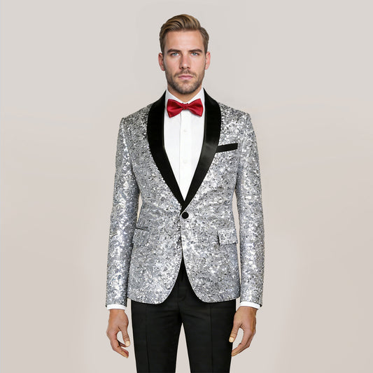 White # Men's shiny sequin suit jacket with velvet shawl lapel and one-button closure, tailored-fit tuxedo blazer with sparkling white sequins for dinner party, prom, cocktail, wedding, and stage performance, isolated on white background.