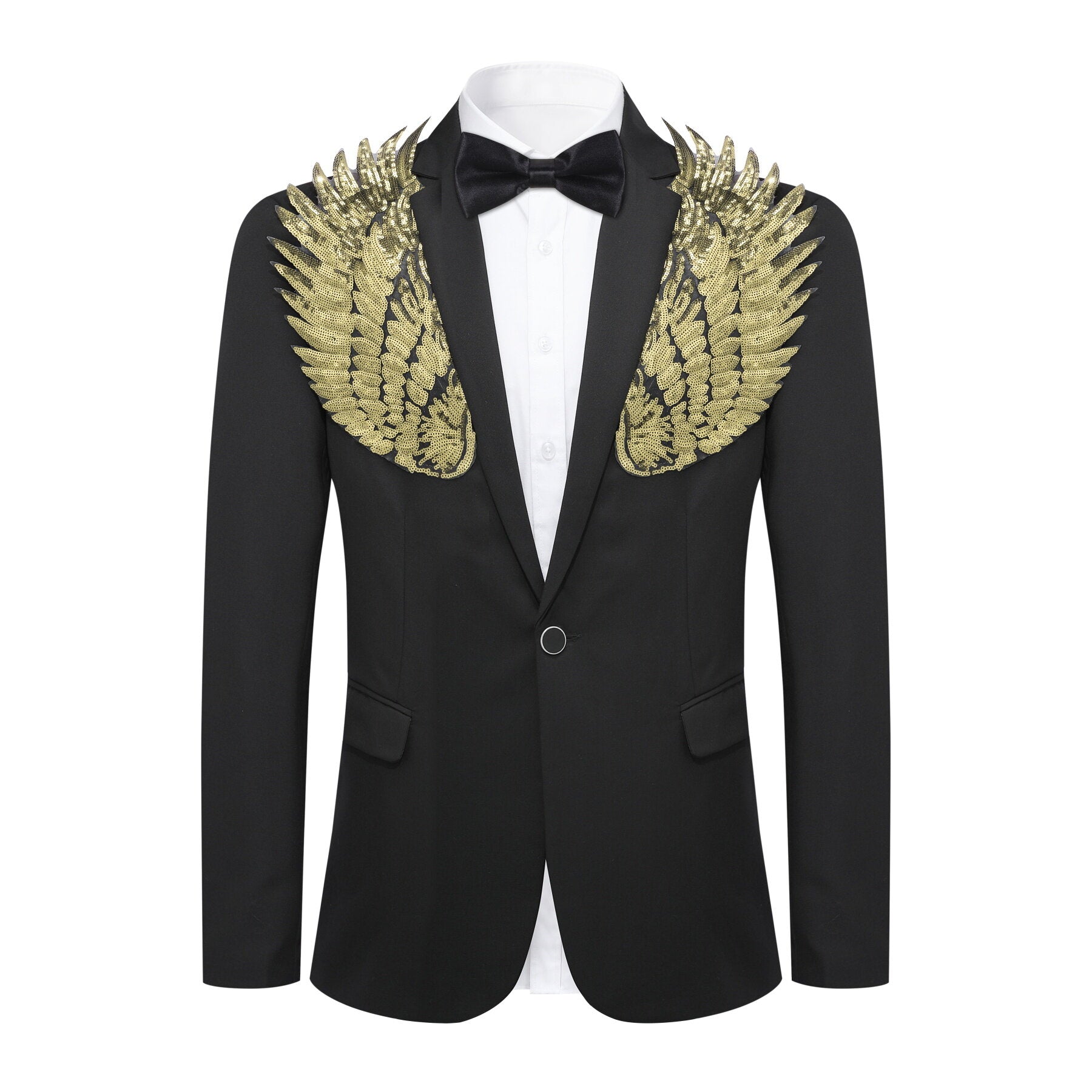 Black # Men's single-breasted notched lapel floral blazer with gold wings hot stamping print and center back vent, black dress sport coat with golden floral pattern and button closure for party, prom, banquet, show, festival and special occasions, isolated on white background.