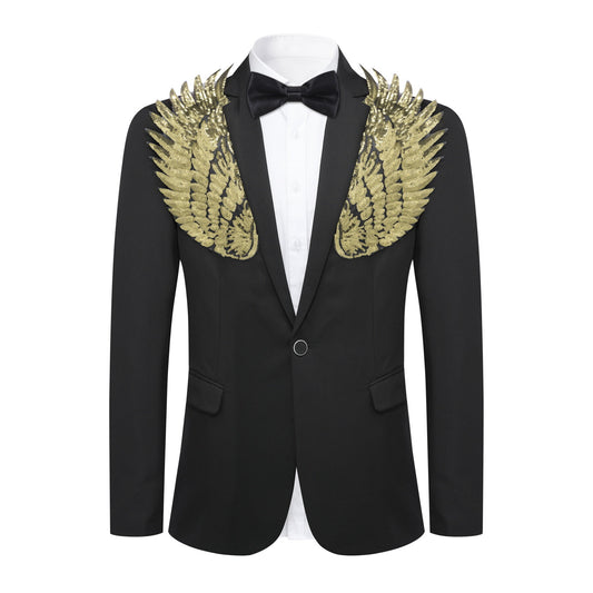 Black # Men's single-breasted notched lapel floral blazer with gold wings hot stamping print and center back vent, black dress sport coat with golden floral pattern and button closure for party, prom, banquet, show, festival and special occasions, isolated on white background.