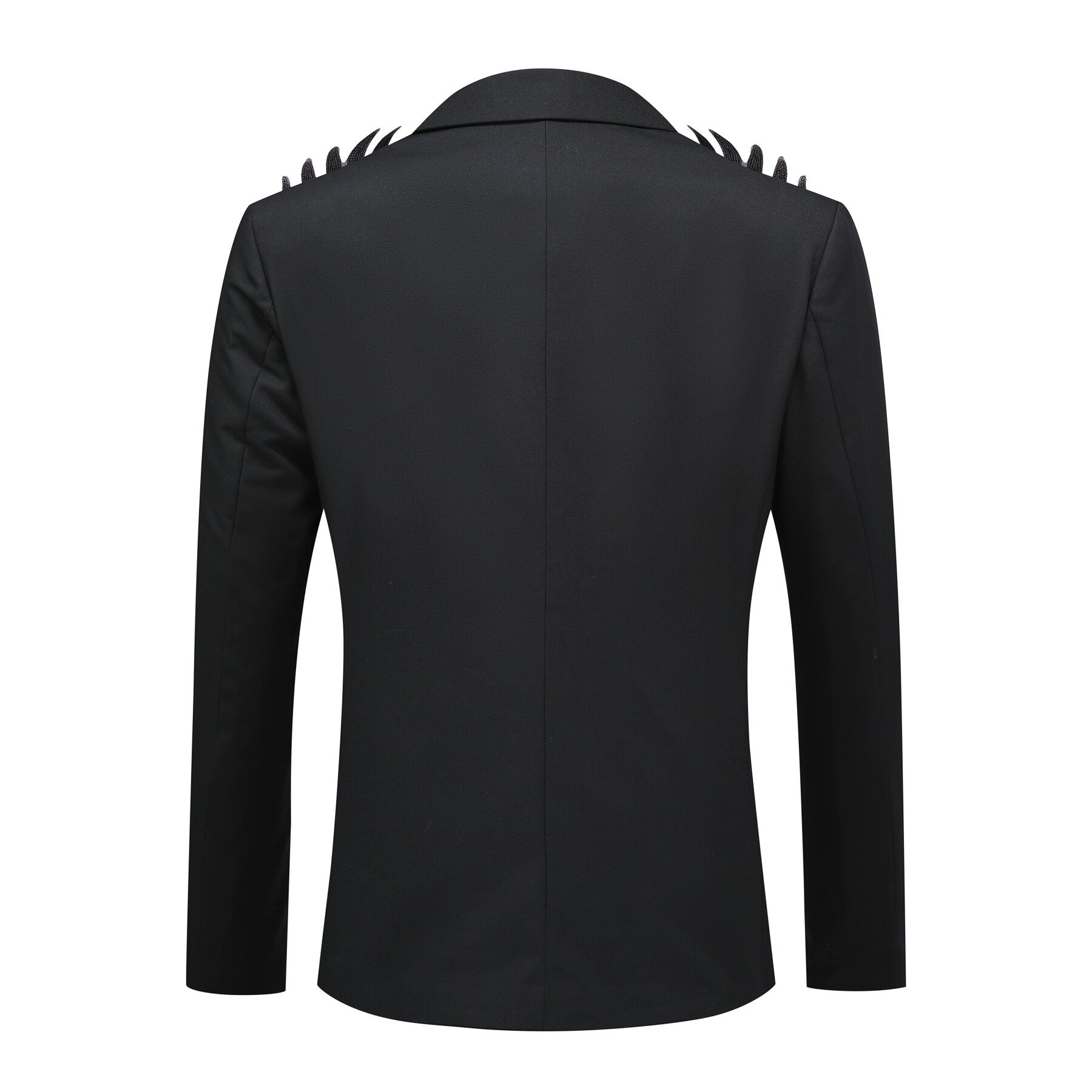Black # Men's single-breasted notched lapel floral blazer with gold wings hot stamping print and center back vent, black dress sport coat with golden floral pattern and button closure for party, prom, banquet, show, festival and special occasions, isolated on white background.