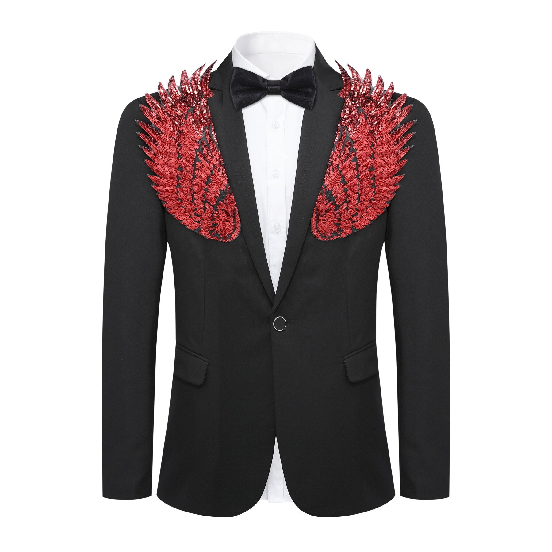 Black # Men's single-breasted floral blazer with notched lapel and center vent, black dress sport coat featuring hot stamping floral print for party, prom, banquet, show, festival and special occasions, isolated on white background.