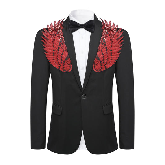 Black # Men's single-breasted floral blazer with notched lapel and center vent, black dress sport coat featuring hot stamping floral print for party, prom, banquet, show, festival and special occasions, isolated on white background.