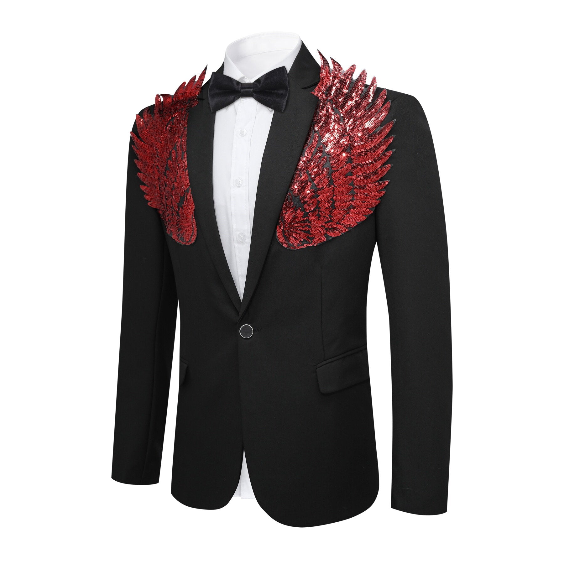 Black # Men's single-breasted floral blazer with notched lapel and center vent, black dress sport coat featuring hot stamping floral print for party, prom, banquet, show, festival and special occasions, isolated on white background.