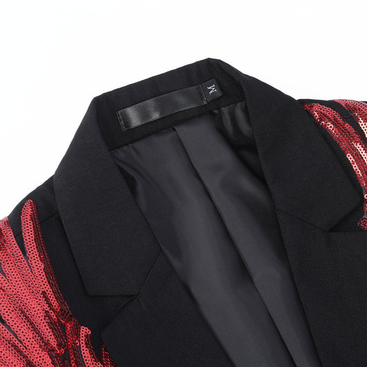 Black # Men's single-breasted floral blazer with notched lapel and center vent, black dress sport coat featuring hot stamping floral print for party, prom, banquet, show, festival and special occasions, isolated on white background.