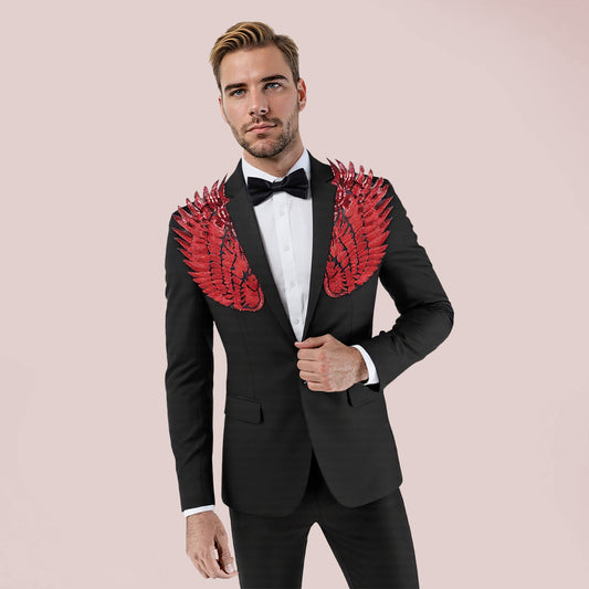 Black # Men's single-breasted floral blazer with notched lapel and center vent, black dress sport coat featuring hot stamping floral print for party, prom, banquet, show, festival and special occasions, isolated on white background.