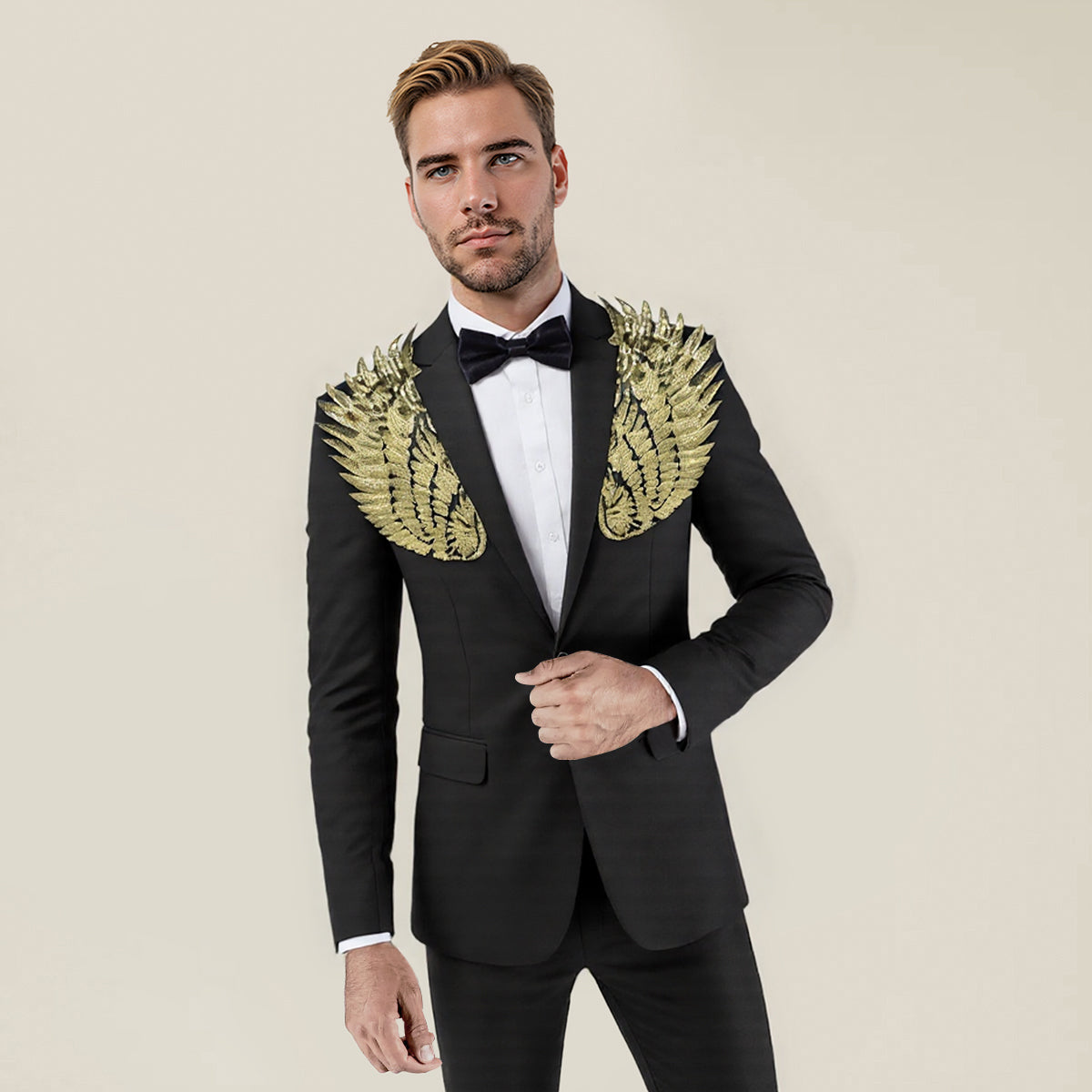 Black # Men's single-breasted notched lapel floral blazer with gold wings hot stamping print and center back vent, black dress sport coat with golden floral pattern and button closure for party, prom, banquet, show, festival and special occasions, isolated on white background.