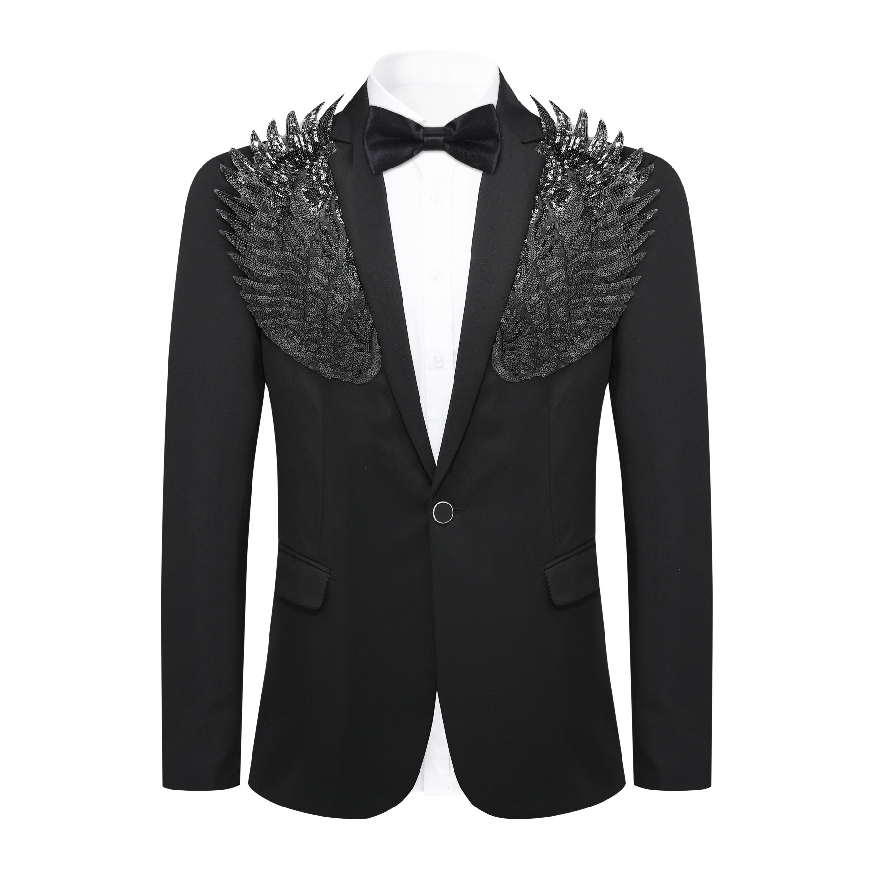 Black # Men's single-breasted wings floral print blazer, notched lapel dress jacket with center vent and button closure, black novelty print sport coat for party, prom, banquet, stage performance and festival events, isolated on white background.