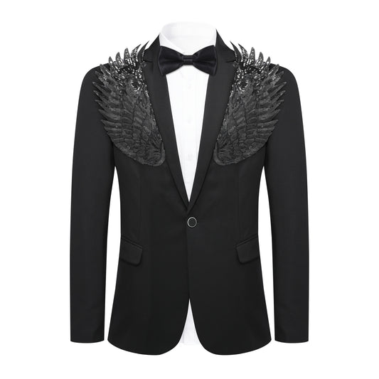 Black # Men's single-breasted wings floral print blazer, notched lapel dress jacket with center vent and button closure, black novelty print sport coat for party, prom, banquet, stage performance and festival events, isolated on white background.