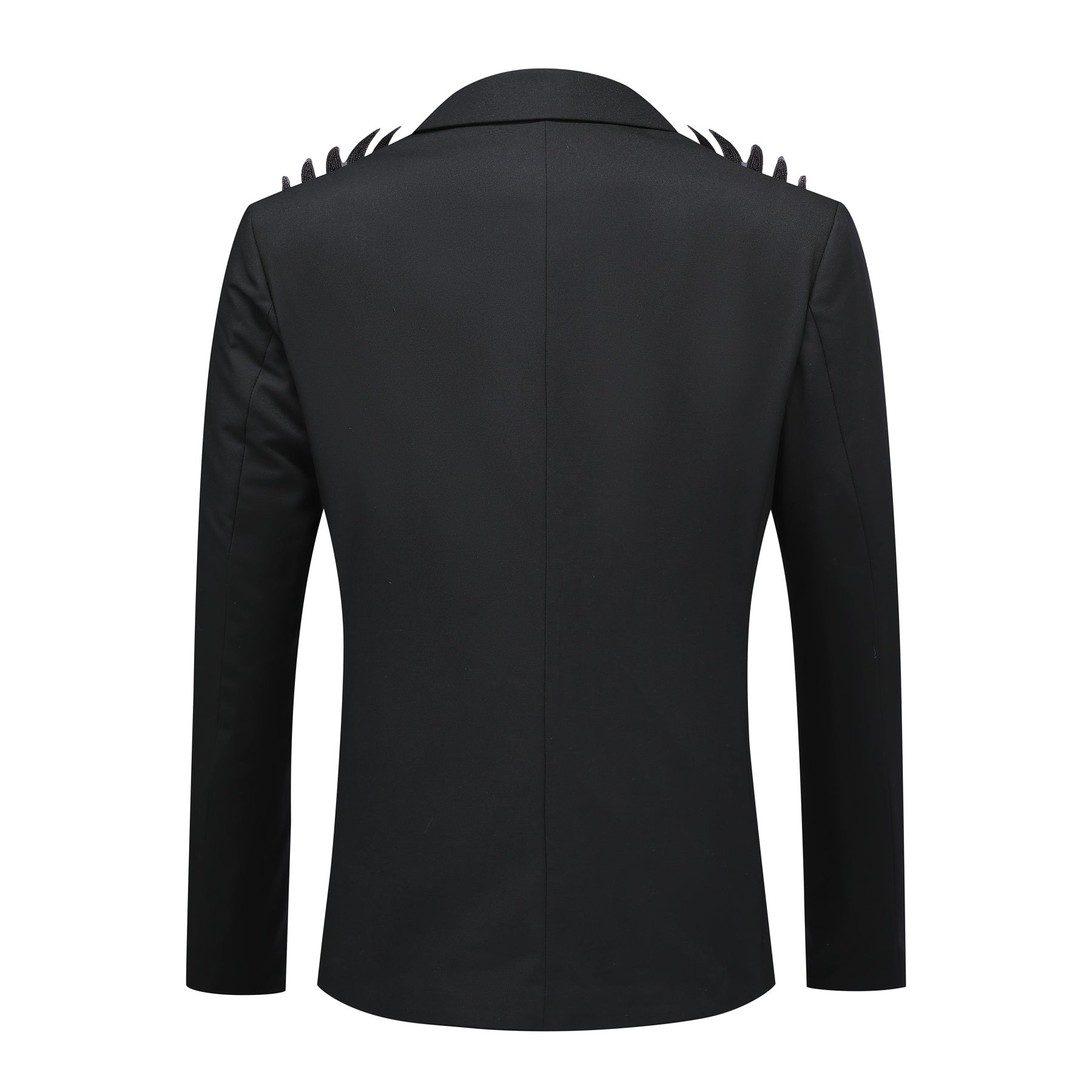 Black # Men's single-breasted wings floral print blazer, notched lapel dress jacket with center vent and button closure, black novelty print sport coat for party, prom, banquet, stage performance and festival events, isolated on white background.