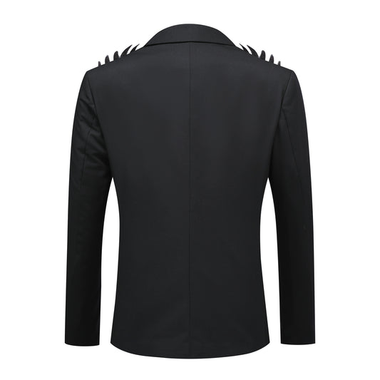 Black # Men's single-breasted wings floral print blazer, notched lapel dress jacket with center vent and button closure, black novelty print sport coat for party, prom, banquet, stage performance and festival events, isolated on white background.