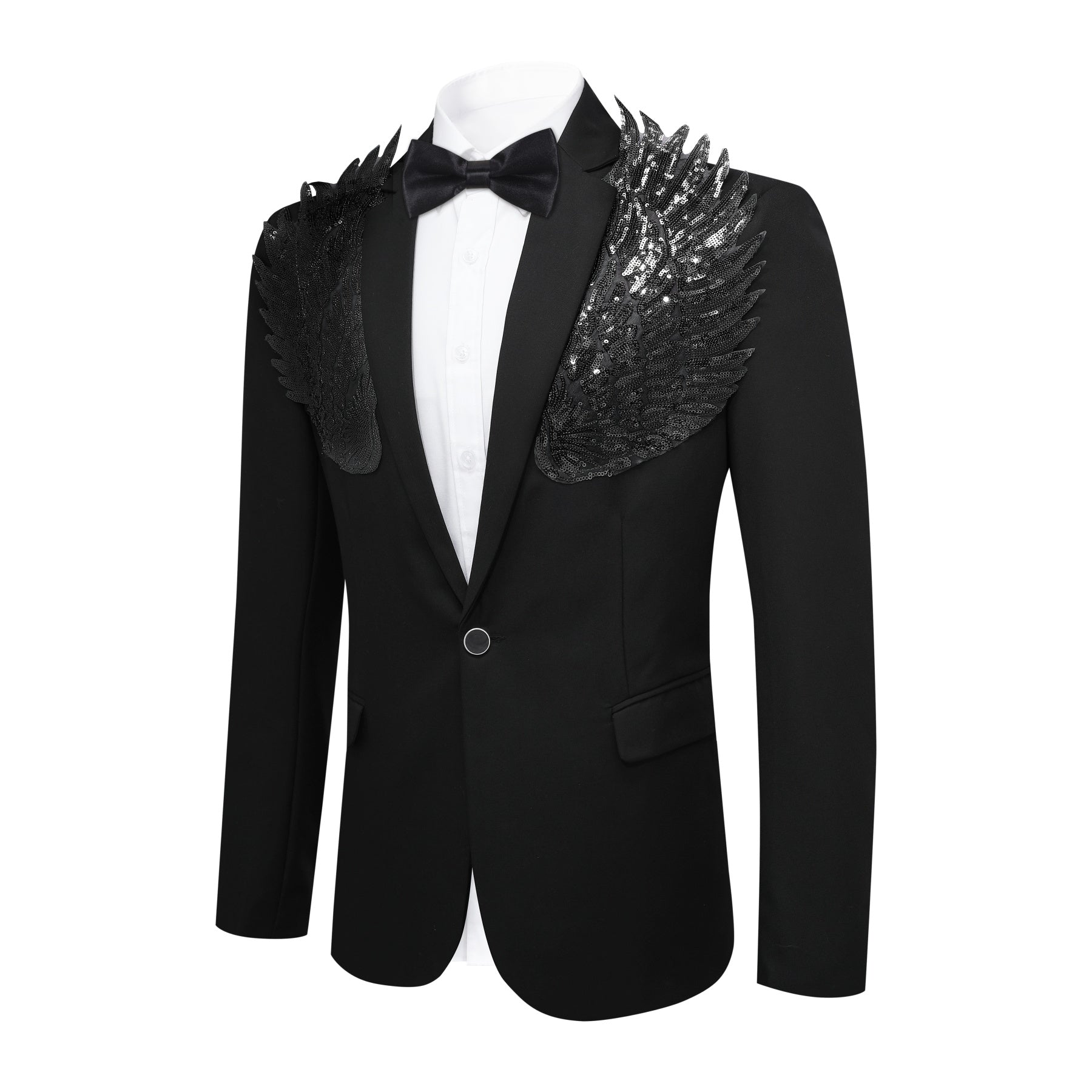 Black # Men's single-breasted wings floral print blazer, notched lapel dress jacket with center vent and button closure, black novelty print sport coat for party, prom, banquet, stage performance and festival events, isolated on white background.