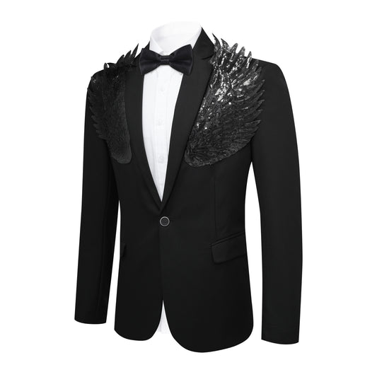 Black # Men's single-breasted wings floral print blazer, notched lapel dress jacket with center vent and button closure, black novelty print sport coat for party, prom, banquet, stage performance and festival events, isolated on white background.