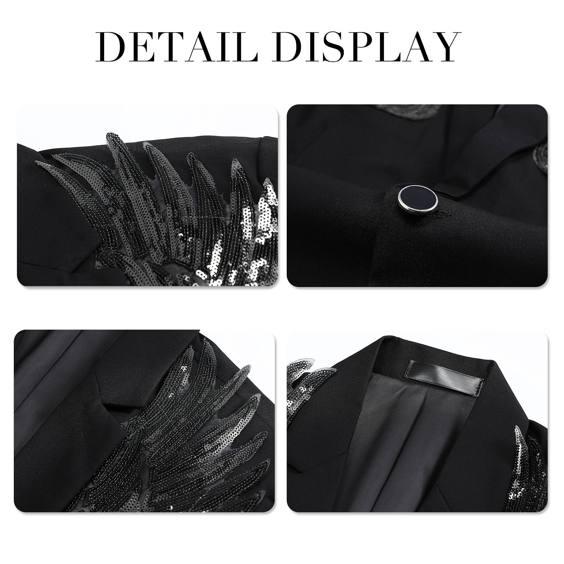 Black # Men's single-breasted wings floral print blazer, notched lapel dress jacket with center vent and button closure, black novelty print sport coat for party, prom, banquet, stage performance and festival events, isolated on white background.
